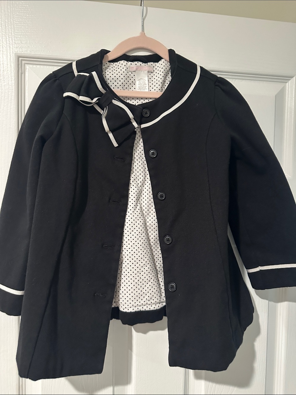 Janie and Jack Black Coat with White Trim and Bow